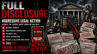 Aggressive legal-action graphic showing a federal credit union dispute with bold “Full Disclosure” text, account lockout warnings, unauthorized transaction notices, unlawful fee stamps, a collapsing c