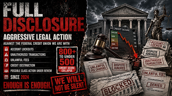 Aggressive legal-action graphic showing a federal credit union dispute with bold “Full Disclosure” text, account lockout warnings, unauthorized transaction notices, unlawful fee stamps, a collapsing c