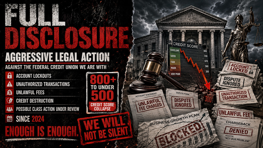 Aggressive legal-action graphic showing a federal credit union dispute with bold “Full Disclosure” text, account lockout warnings, unauthorized transaction notices, unlawful fee stamps, a collapsing c
