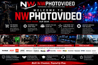 NWPhotoVideo promotional graphic featuring professional film cameras, streaming studios, live-event lighting, LED walls, broadcast control rooms, production trailers, satellite vehicles, audiovisual e
