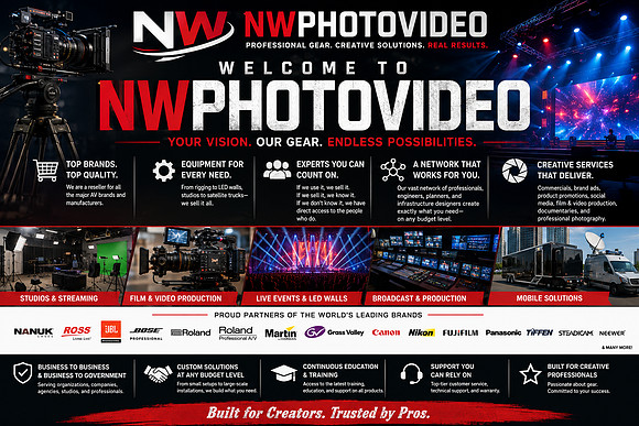 NWPhotoVideo promotional graphic featuring professional film cameras, streaming studios, live-event lighting, LED walls, broadcast control rooms, production trailers, satellite vehicles, audiovisual e